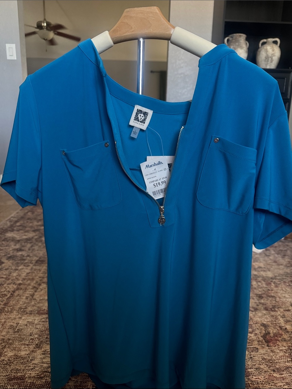Anne Klein Teal Zip-Neck Short Sleeve Blouse